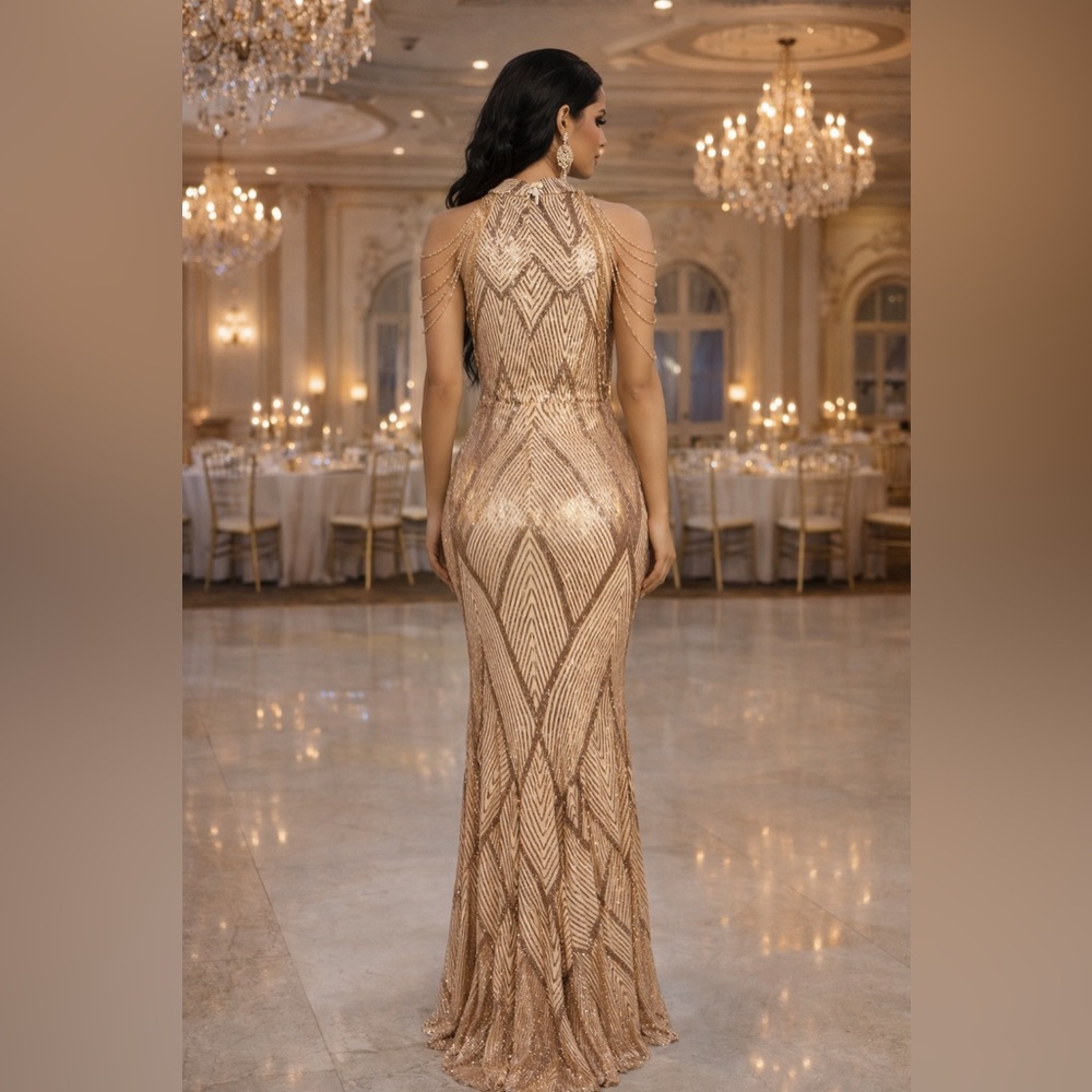 Gold Sequin Halter Gown Small Beaded Art Deco Formal Evening Dress Prom Military - Picture 2 of 6